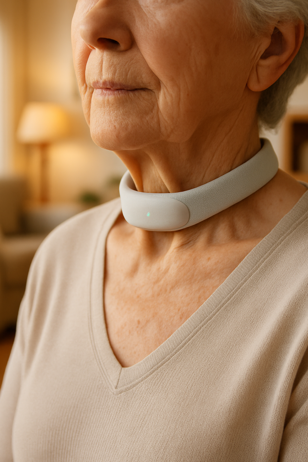 AirGuard™ fall-detection collar worn by an elderly woman at home